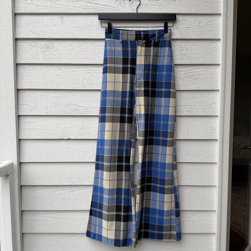 Free People Blue Cream Black Plaid Wide-Leg Trousers